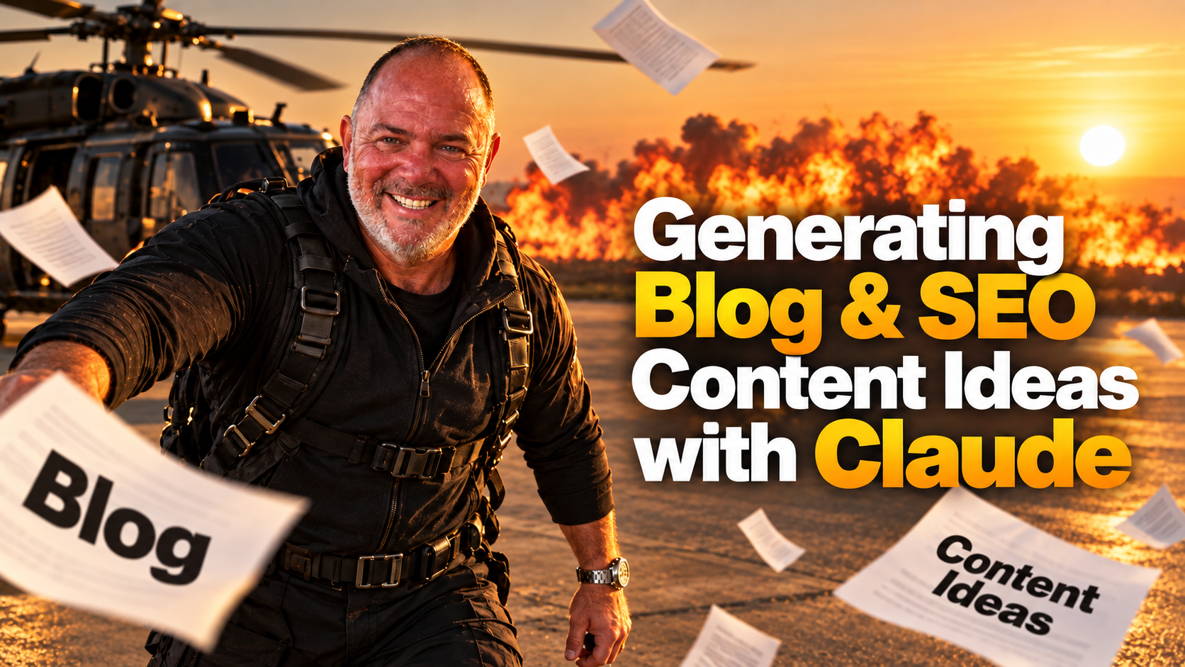 A man running across a runway with pages of blog content ideas flying around him, with the words Generating Blog & SEO Content Ideas with Claude.