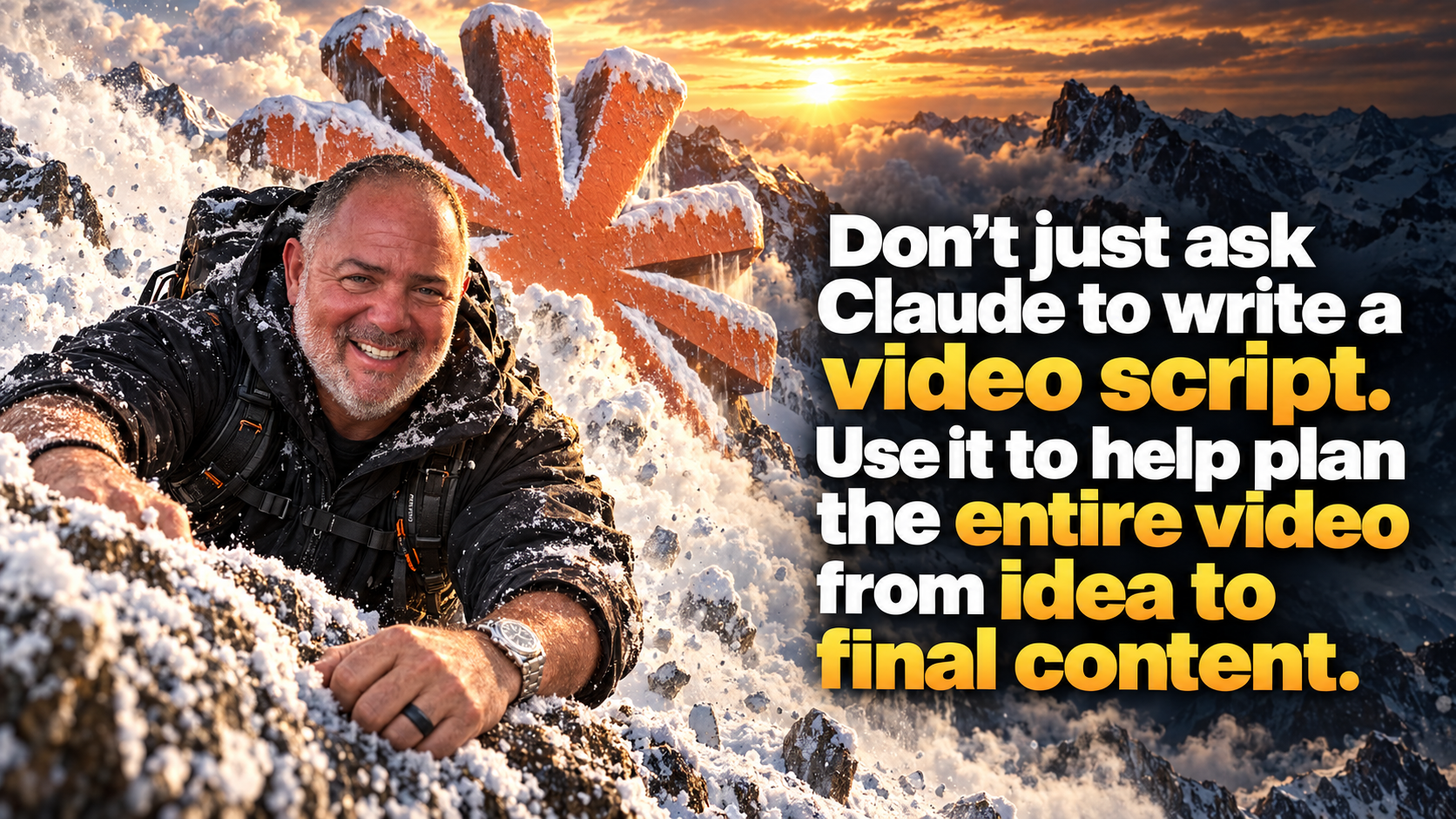 A man climbing a snowy mountain ridge toward a large orange asterisk at the summit, with the words Don't just ask Claude to write a video script. Use it to help plan the entire video from idea to final content.