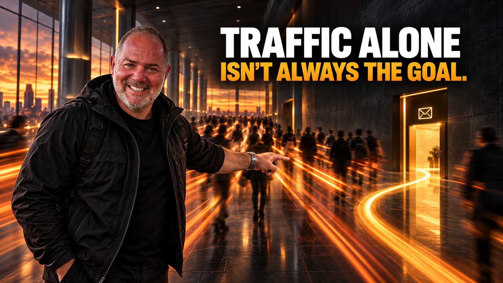 A man pointing down a sunset-lit hallway filled with trails of light heading toward an illuminated doorway, with the words Traffic alone isn't always the goal.