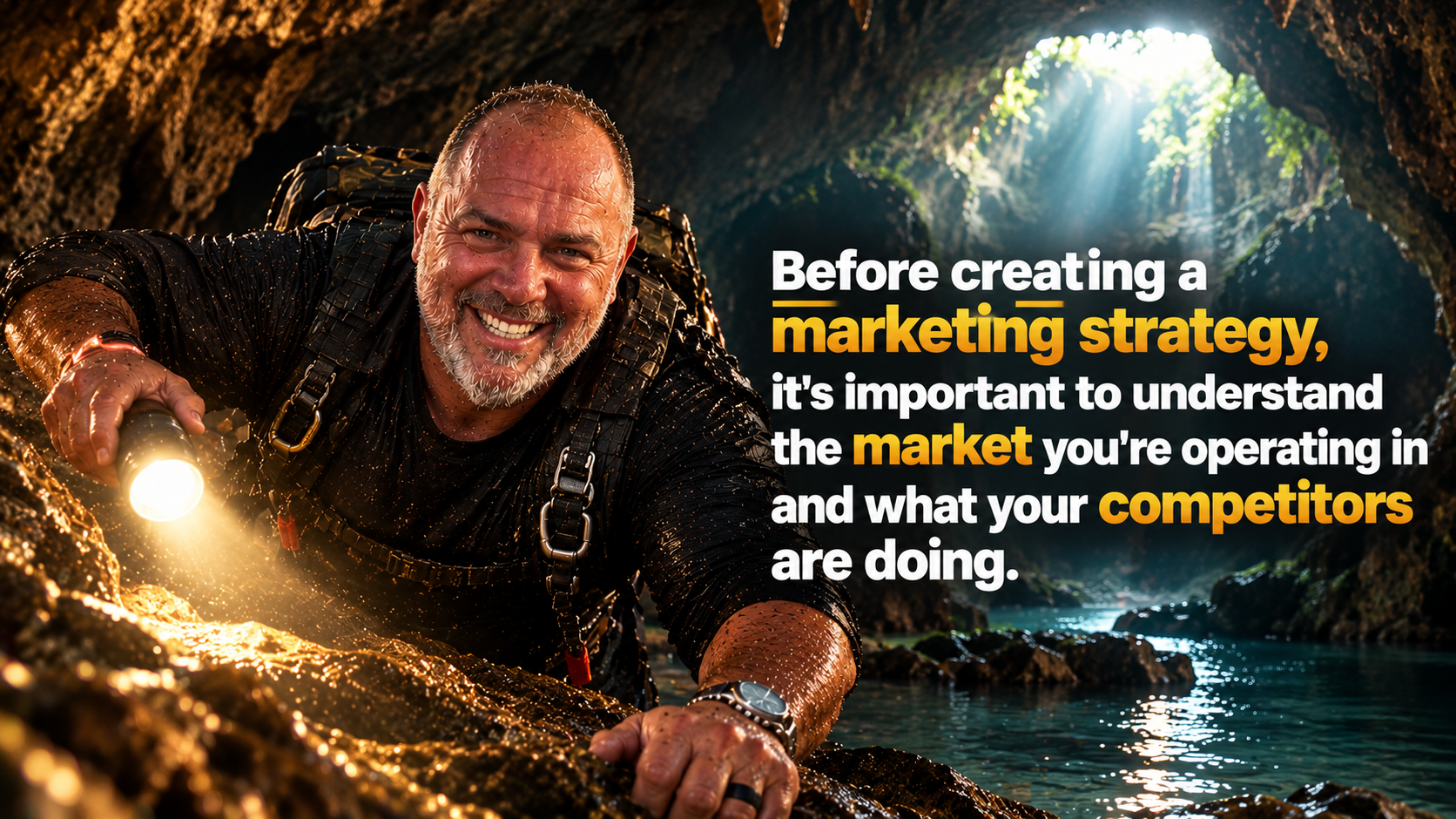 A man with a flashlight moving through a sea cave lit by sunbeams, with the words Before creating a marketing strategy, it's important to understand the market you're operating in and what your competitors are doing.