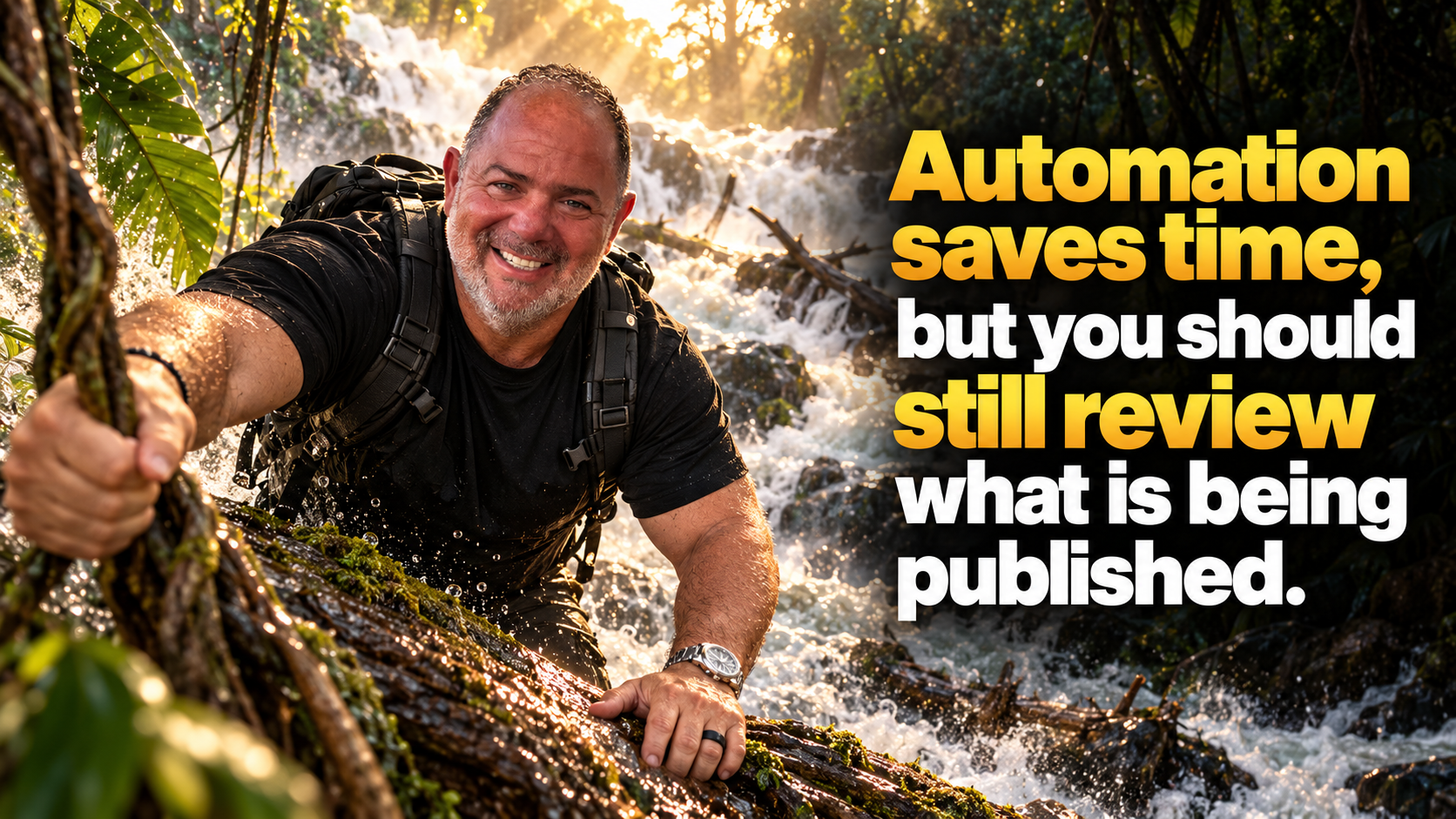 A man climbing over rocks and logs in a rainforest waterfall, with the words Automation saves time, but you should still review what is being published.