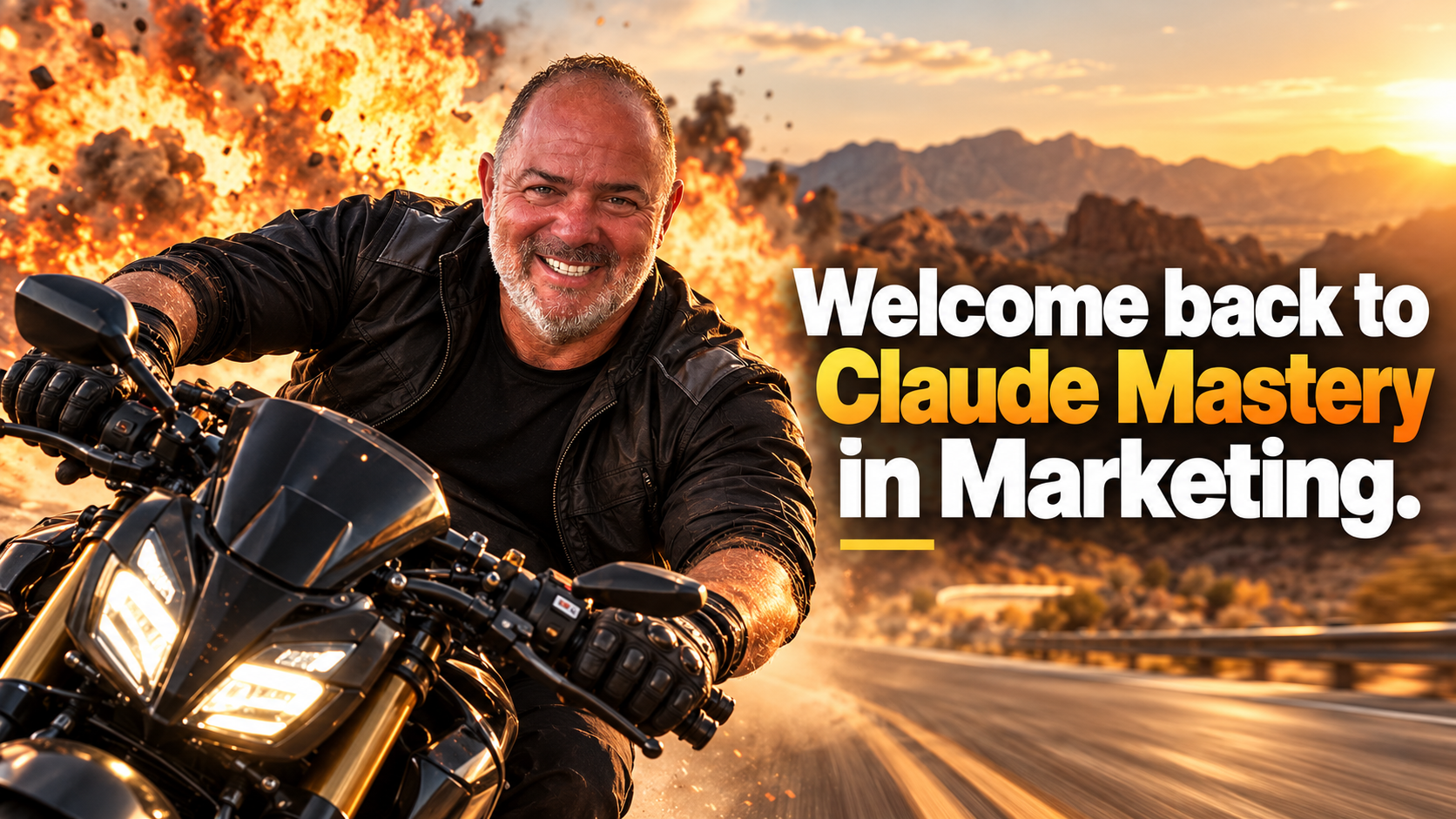 A man on a motorcycle riding away from a fiery explosion on a desert highway, with the words Welcome back to Claude Mastery in Marketing.