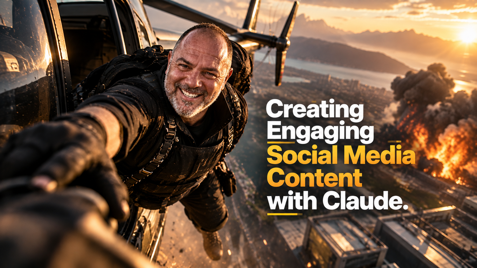 A man leaning out of a helicopter above a coastal city at sunset, with the words Creating Engaging Social Media Content with Claude.